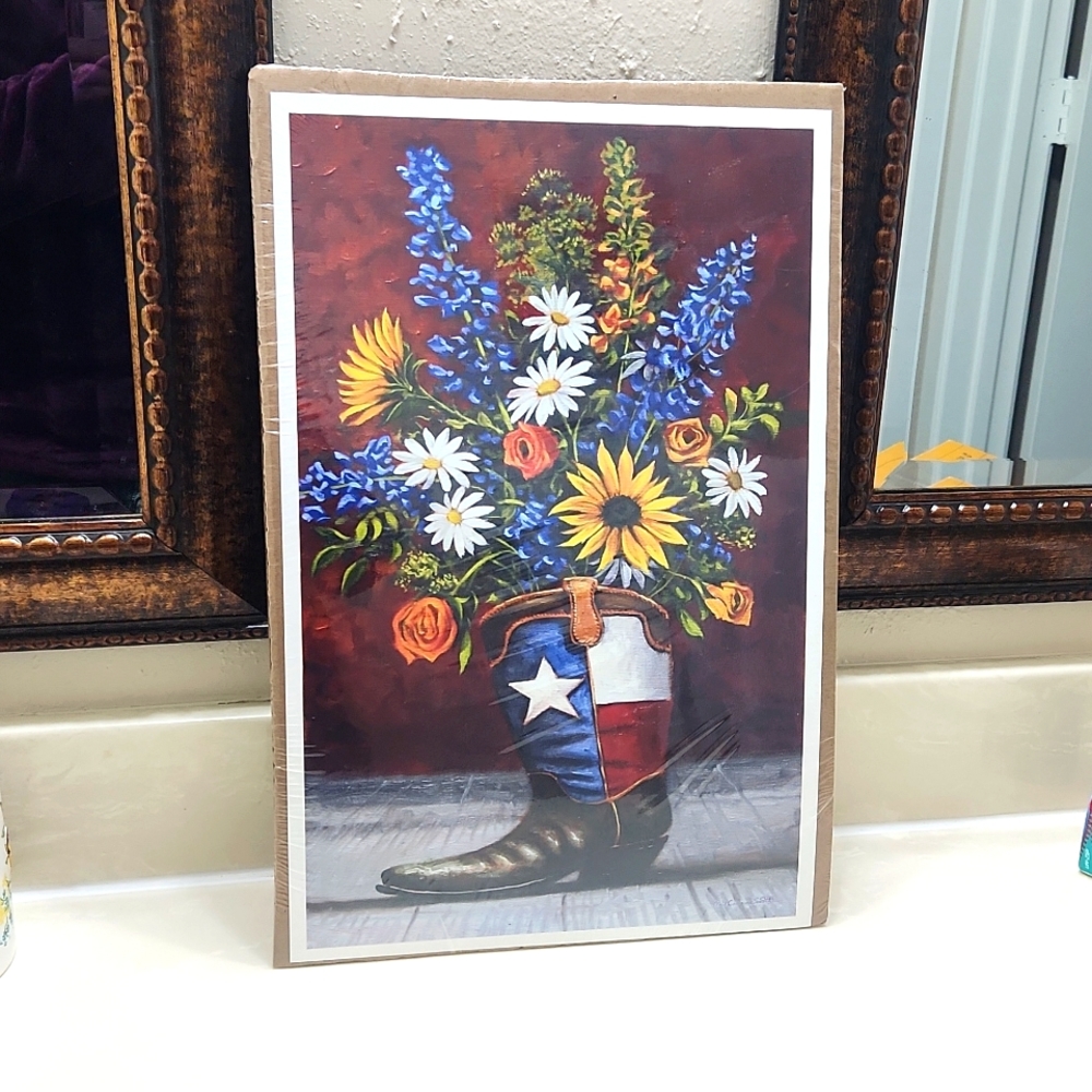 11 x 17 Texas Boot Artwork, Bluebonnet, Yellow Roses, Wildflowers Print - Picture 2 of 6